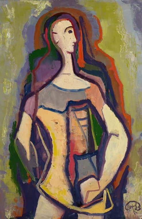 Stehende Gestalt in bunter Weste, Umriss in Blau, vor gelbgrünem Grund – Karl Hofer Jüngling in bunter Weste Kunstkopie