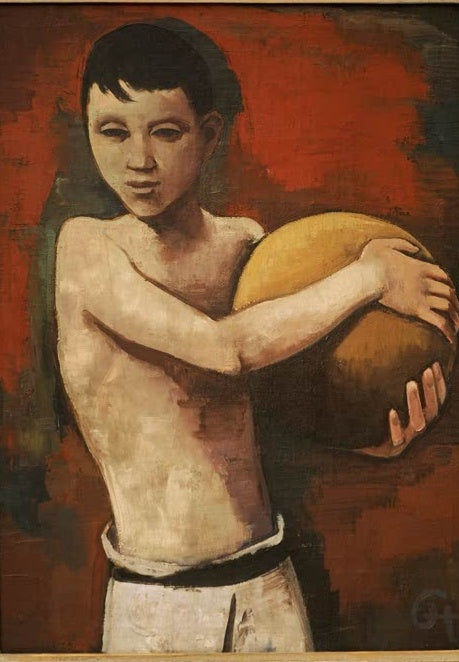 Halbnackter Junge mit dunklem Haar hält einen großen gelben Ball vor rotem Grund – Karl Hofer Junge mit Ball Kunstkopie