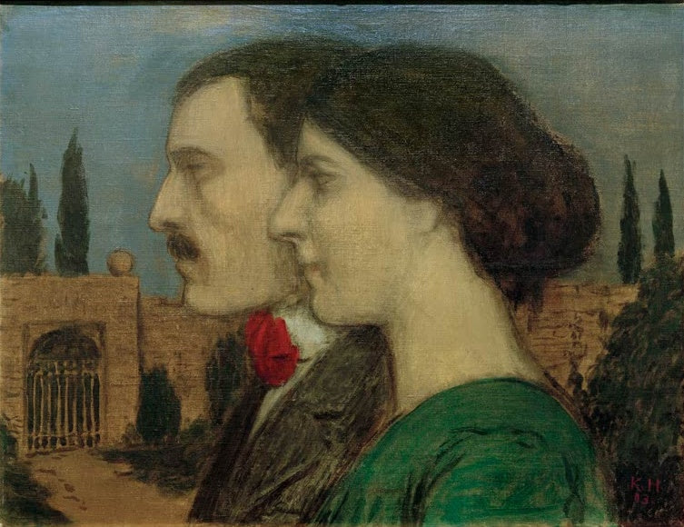Doppelprofil von Mann mit Schnurrbart und Frau in Grün vor Gartenmauer – Karl Hofer Karl und Thilde Hofer Kunstkopie