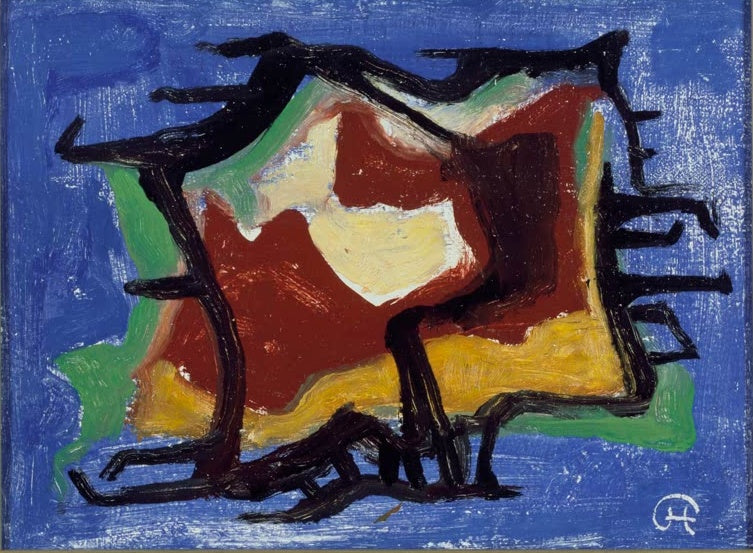 Abstrakte Komposition mit schwarzen Linien auf blauem Grund mit Rot, Gelb und Grün – Karl Hofer Komposition Kunstkopie