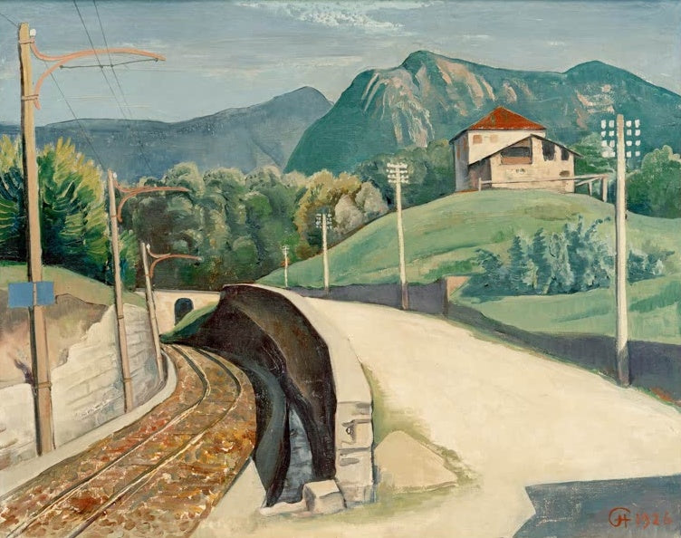 Straße, Gleise und Masten vor Berghang mit rotem Haus – Karl Hofer Landschaft bei Cappella in Graubünden Kunstkopie