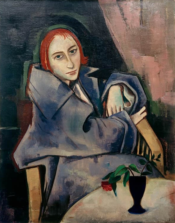 Rothaariges Mädchen in blaugrauem Umhang am Tisch mit dunkelblauer Vase – Karl Hofer Mädchen mit blauer Vase Kunstkopie
