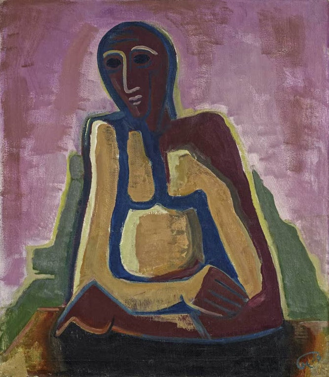 Stark vereinfachte Figur mit gelbem Oberkörper vor rosa Grund – Karl Hofer Mann am Tisch sitzend Kunstkopie