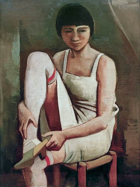 Junges Mädchen mit Bubikopf sitzt auf einem Hocker und zieht sich den Schuh an – Karl Hofer Martha Kunstkopie