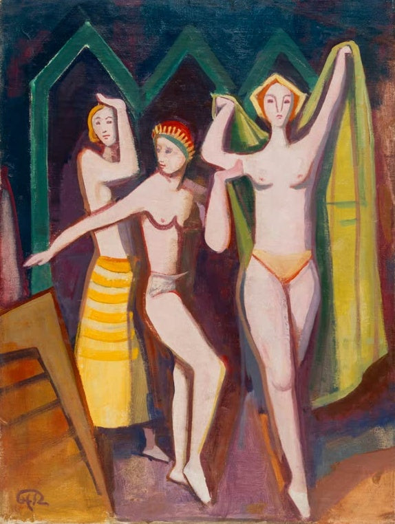 Drei Frauen in einer Umkleide mit grünen Spitzbögen, eine hält ein grünes Tuch – Karl Hofer Nach dem Bade Kunstkopie