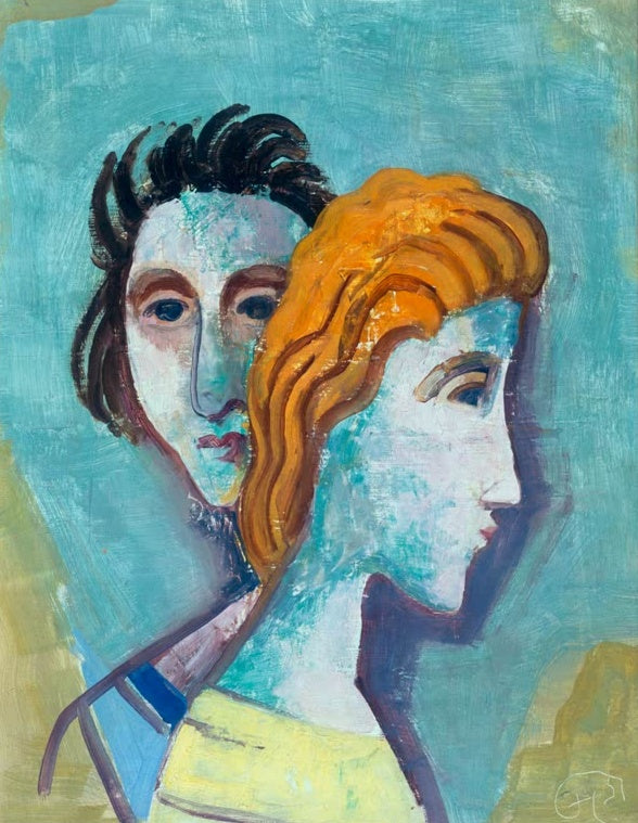 Zwei Köpfe, ein Frauenprofil mit orangefarbenem Haar vor einem Gesicht, auf türkisem Grund – Karl Hofer Paar Kunstkopie