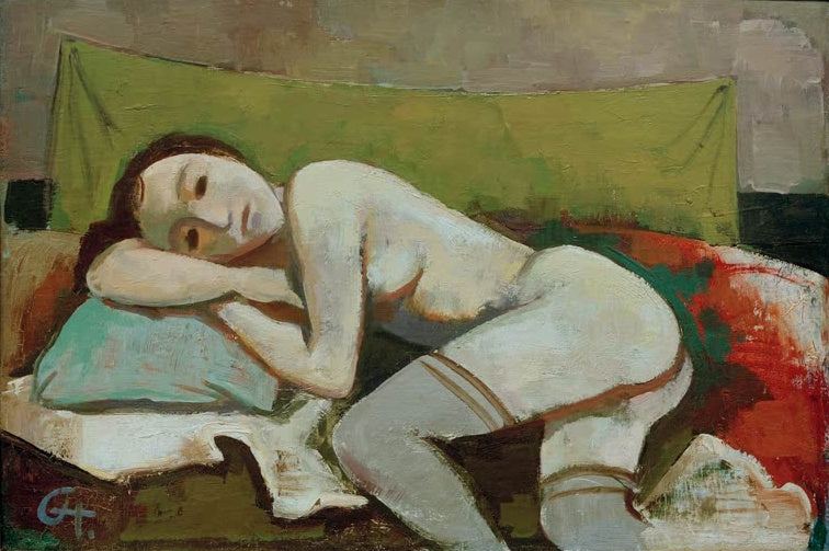 Liegende junge Frau in Strümpfen auf grünem Kissen vor olivgrüner Wand – Karl Hofer Ruhendes Mädchen Kunstkopie