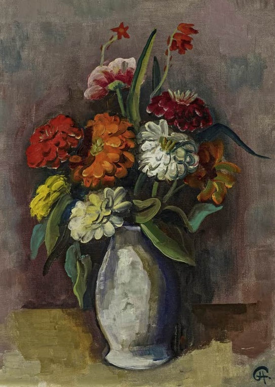 Bunter Zinnienstrauß in weißer Vase vor graubraunem Grund – Karl Hofer Stillleben mit Zinnienstrauss in Vase Kunstkopie