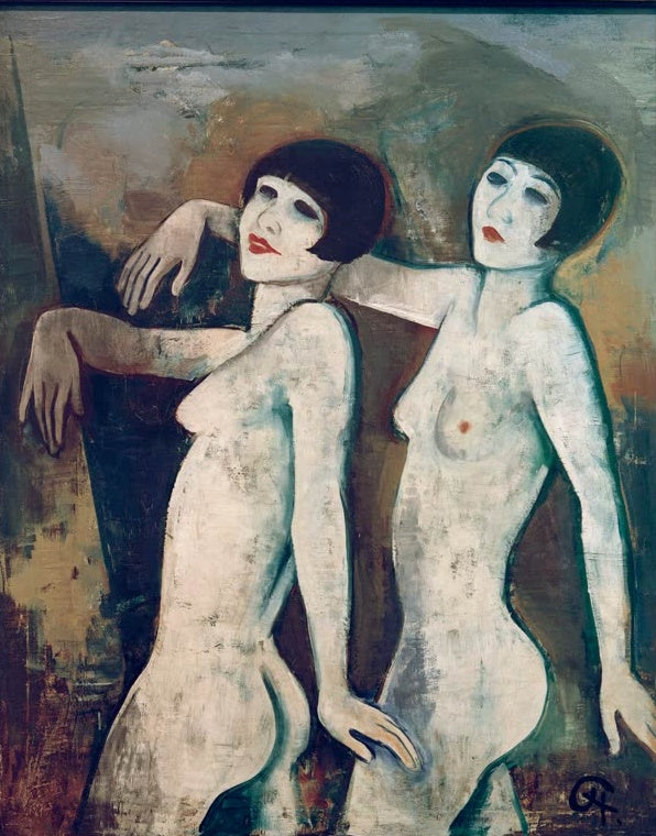 Zwei hellhäutige Tänzerinnen mit schwarzem Bubikopf und roten Lippen, Arm in Arm – Karl Hofer Tiller-Girls Kunstkopie