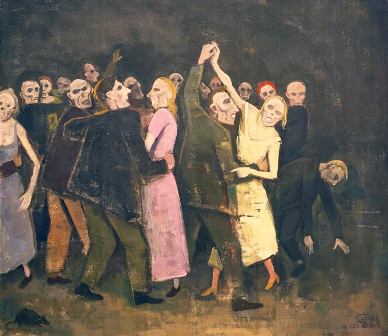 Tanzende Paare mit totenkopfartigen Gesichtern, unten links eine Ratte – Karl Hofer Totentanz Kunstkopie