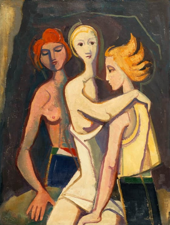 Drei Frauen in enger Gruppe vor dunklem Hintergrund, eine im Arm der anderen – Karl Hofer Vor der Nacht Kunstkopie
