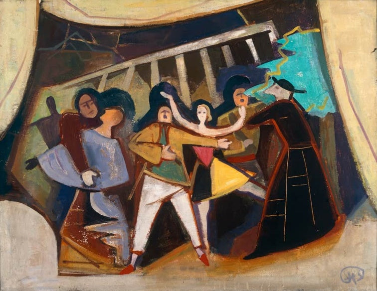 Theaterszene mit tanzenden Figuren, einem schwarz gekleideten Mann und gelben Vorhängen – Karl Hofer Zuschauer Kunstkopie