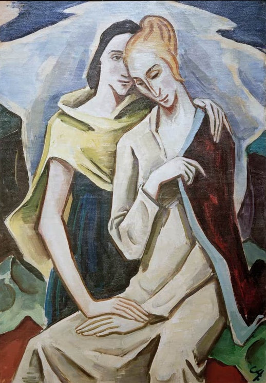 Zwei Frauen in enger Umarmung, eine mit gelbem Schal, vor hellblauem Himmel – Karl Hofer Zwei Frauen Kunstkopie
