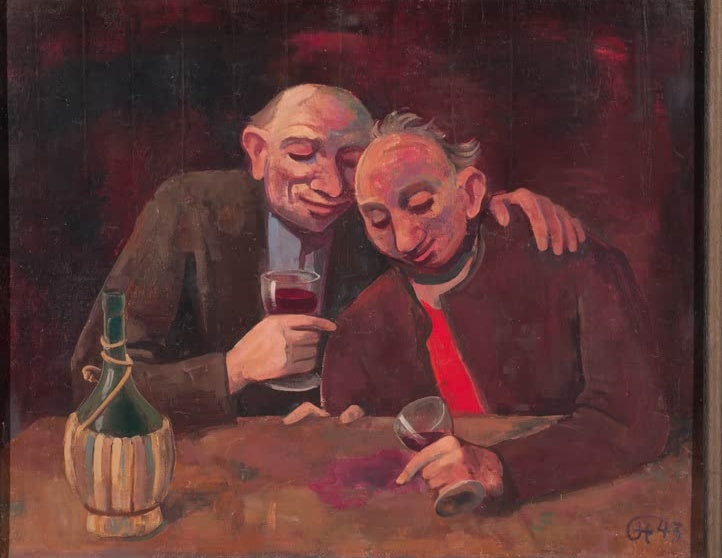 Zwei Männer mit Rotweingläsern und Chianti-Flasche am Tisch – Karl Hofer Zwei Männer, Chianti trinkend Kunstkopie