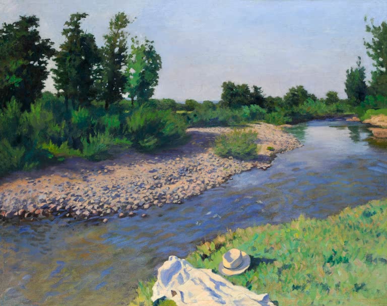 Flacher Bach mit Kiesbank und Bäumen, Hut und Tuch im Gras – Karoly Ferenczy Bachlandschaft Kunstkopie