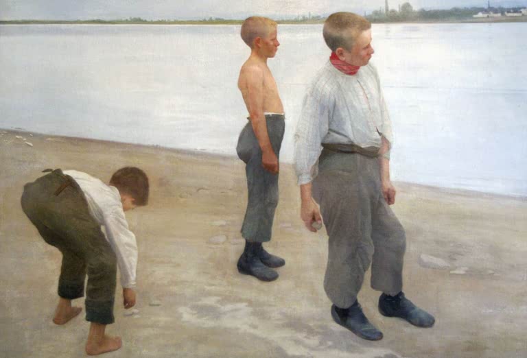 Drei Buben am Flussufer, einer bückt sich nach Steinen – Karoly Ferenczy Buben werfen Steine in den Fluss Kunstkopie