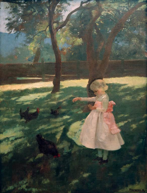 Mädchen im hellen Kleid mit rosa Schleife füttert Hühner im Schatten – Karoly Ferenczy Füttern der Hühner Kunstkopie