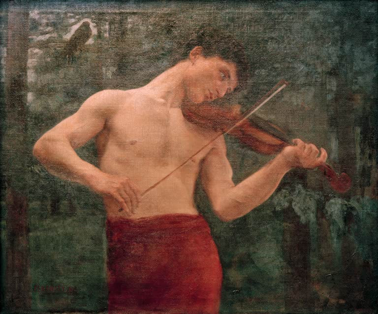 Halbnackter Geiger mit roter Hüftbinde spielt vor grünem Hintergrund – Karoly Ferenczy Orpheus Kunstkopie
