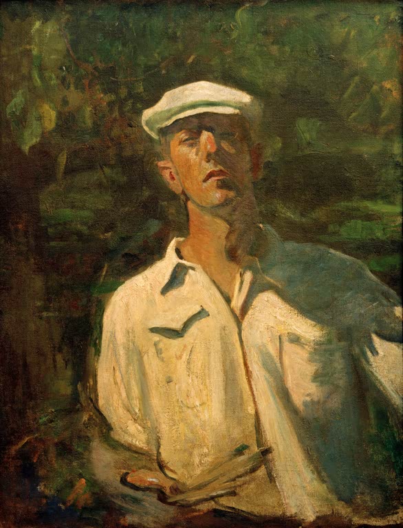 Maler mit heller Kappe und weißem Hemd im Sonnenlicht vor Laub – Karoly Ferenczy Selbstporträt im Sonnenschein Kunstkopie