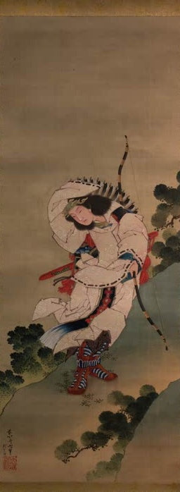Katsushika Hokusai Bogenschütze in weißer Rüstung Kunstkopie, Krieger mit Bogen auf einem Hang zwischen Kiefern