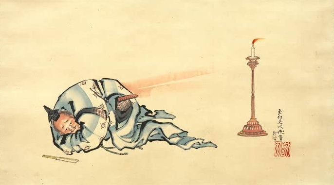 Katsushika Hokusai Der Furz Kunstkopie, liegender Mann in blauem Gewand und Kerzenständer mit brennender Flamme