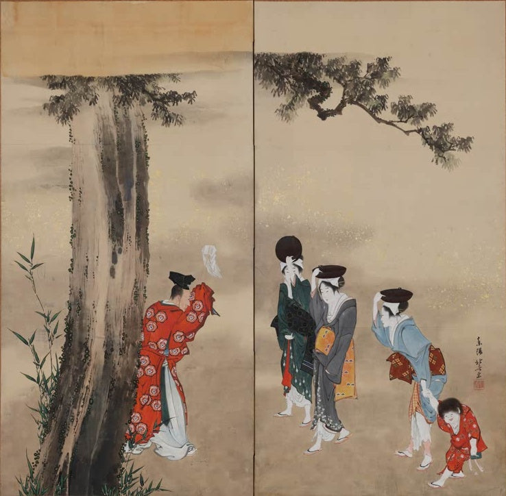 Katsushika Hokusai Ein Shinto-Priester, drei Frauen und ein Kind Kunstkopie, Priester und Frauen mit Töpfen auf dem Kopf