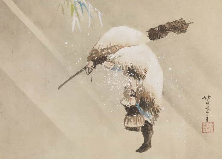 Katsushika Hokusai Fischer mit Netz im Schnee Kunstkopie, gebückter Mann in Strohmantel im Schneetreiben