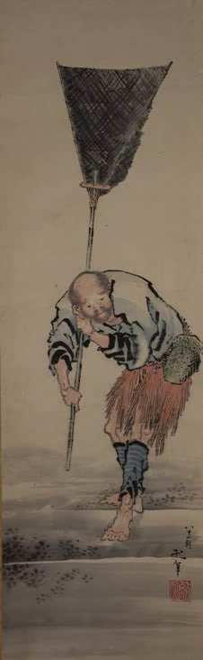 Katsushika Hokusai Fischer mit Senknetz am Ufer Kunstkopie, gebückter Mann mit großem Netz an langer Stange