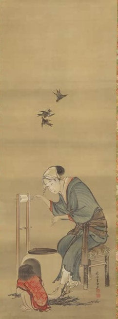 Katsushika Hokusai Frau am Spulrahmen mit Kind und Spatzen Kunstkopie, sitzende Frau mit Kind und drei Vögeln