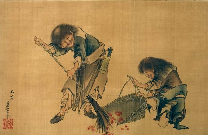 Katsushika Hokusai Kanzan und Jittoku Kunstkopie, zwei zerzauste Mönche fegen rote Ahornblätter in einen Korb
