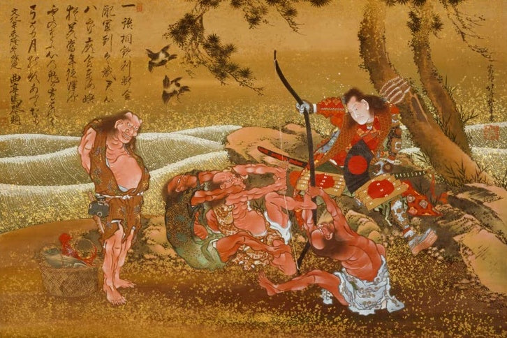 Katsushika Hokusai Tametomo und die Dämonen auf Onigashima Kunstkopie, Bogenschütze kämpft gegen rote Dämonen