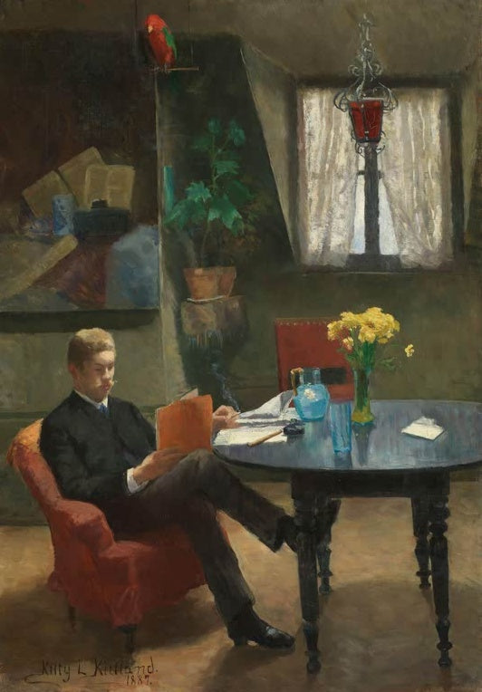 Kitty Kielland Arne Garborg zu Besuch im Pariser Atelier Kunstkopie, lesender Mann im roten Sessel am Tisch mit Blumen