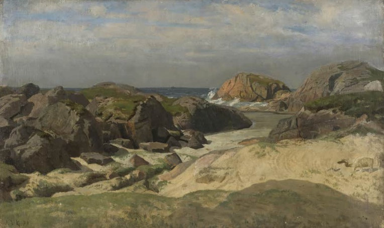 Kitty Kielland Blick über das Meer von Ogna Kunstkopie, felsige Küste mit Sand und Brandung unter grauem Wolkenhimmel