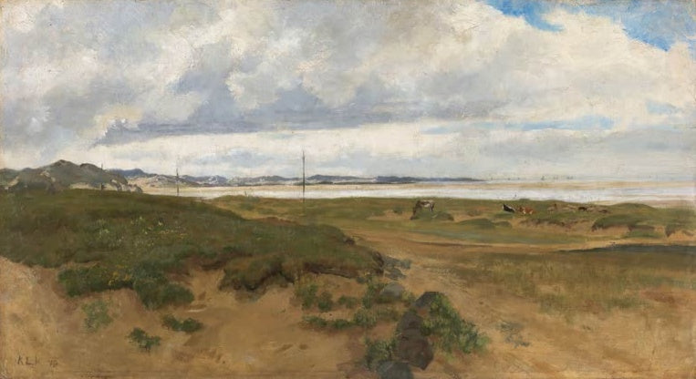 Kitty Kielland Landschaft von Ogna auf Jæren Kunstkopie, sandiger Dünenweg mit Vieh unter mächtigen Wolken