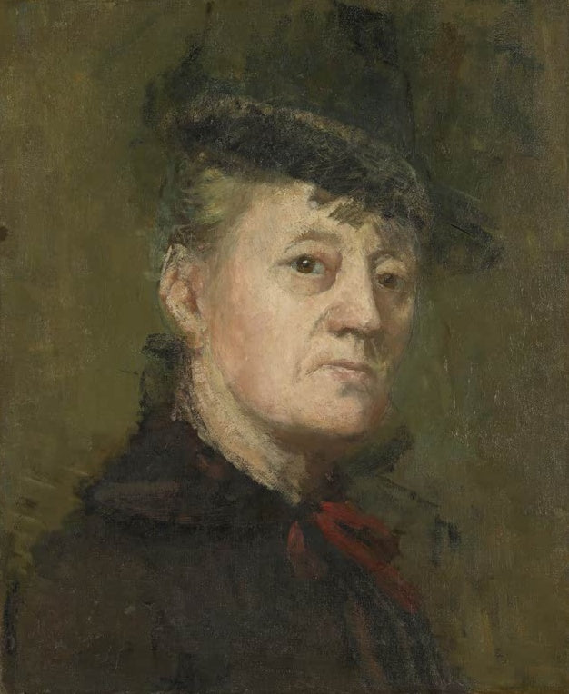 Kitty Kielland Selbstbildnis Kunstkopie, Künstlerin mit dunklem Hut und rotem Halsband vor olivgrünem Hintergrund