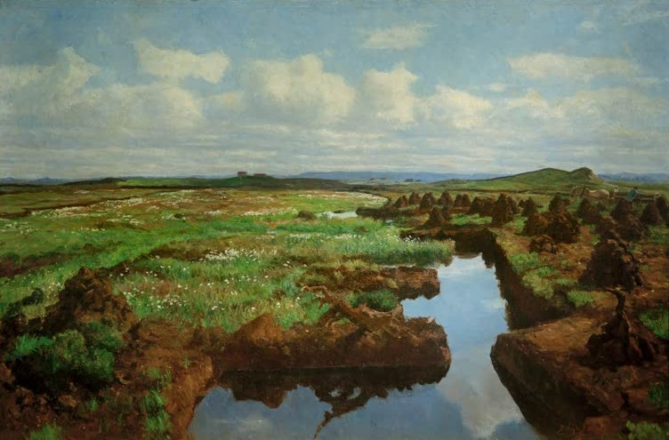 Kitty Kielland Torflandschaft in Jæren Kunstkopie, Moor mit Wasserlauf, Torfhaufen und Wollgras unter weiten Wolken