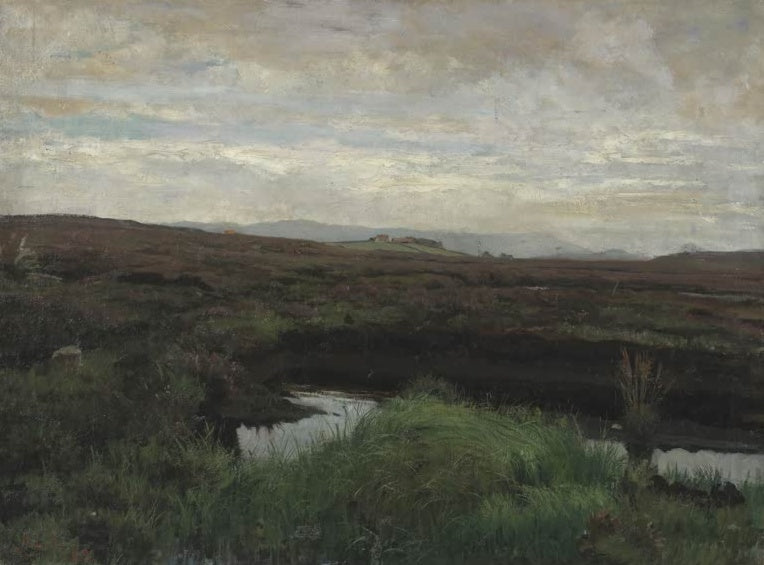 Kitty Kielland Torfmoor auf Jæren 1882 Kunstkopie, weites Heidemoor mit Wasserlachen und Gehöft unter bewegtem Himmel
