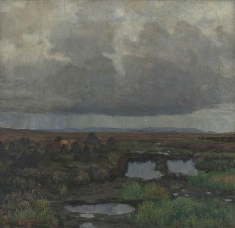 Kitty Kielland Torfmoor auf Jæren 1900 Kunstkopie, dunkle Regenwolke über Torfhaufen und Wasserlöchern im Heidemoor