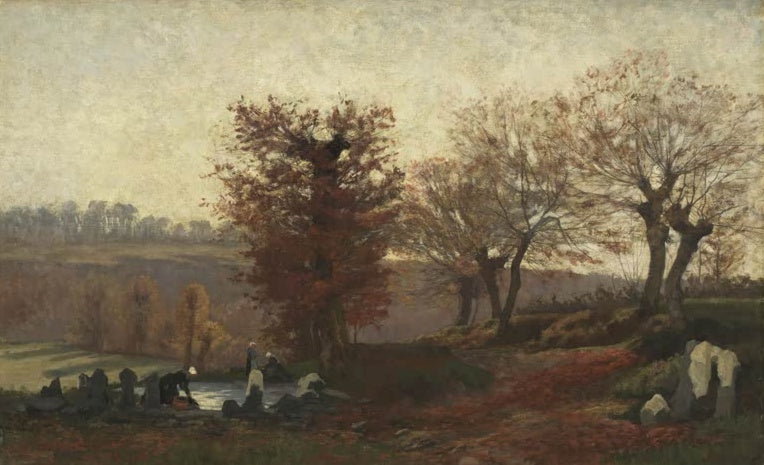 Kitty Kielland Waschtag in der Bretagne Kunstkopie, Wäscherinnen am Teich unter rotbraunen Herbstbäumen im Dunst