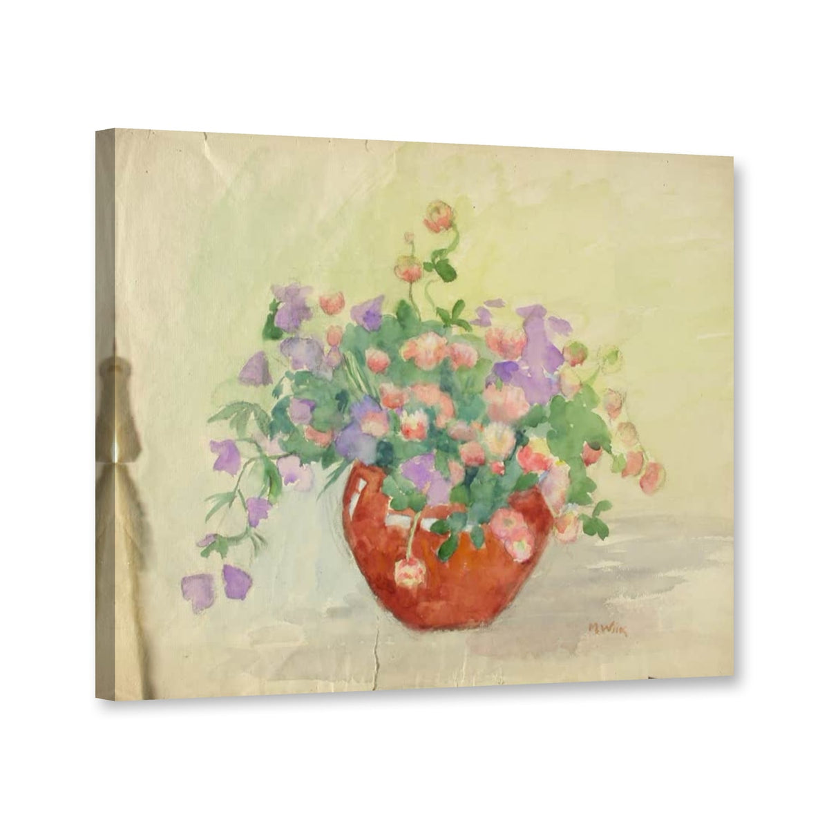 Klee und Glockenblumen in einer Vase von Maria Wiik als Leinwand – Perspektivansicht
