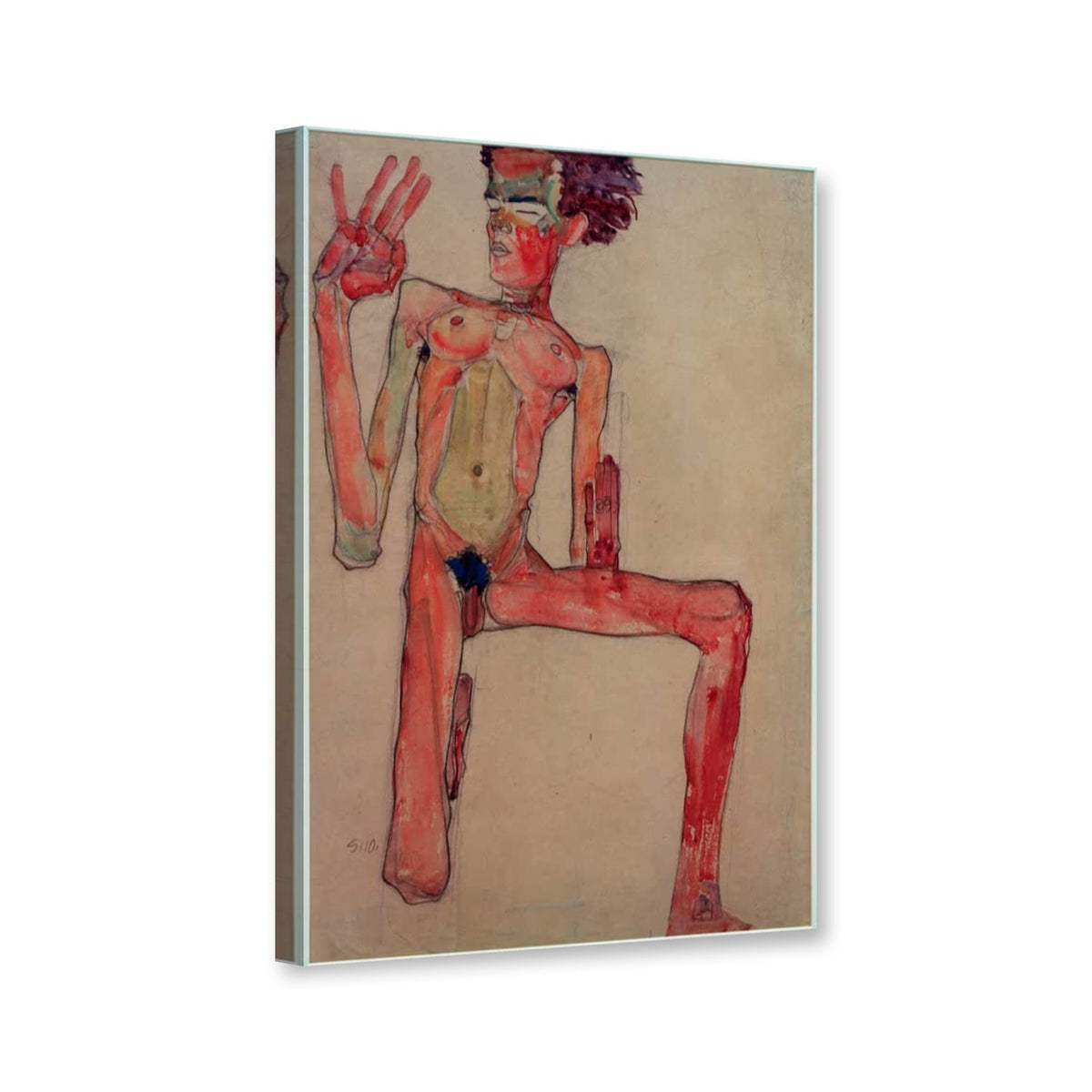 Kniender Selbstakt von Egon Schiele als Leinwand – Perspektivansicht