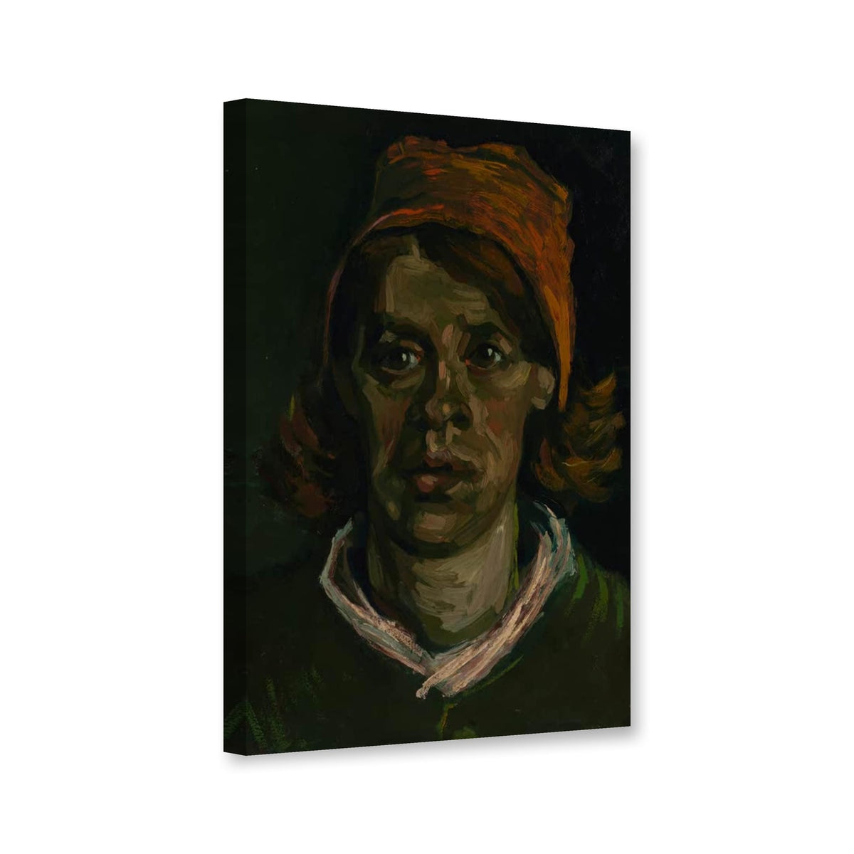 Kopf einer Bäuerin mit roter Haube von Vincent Van Gogh als Leinwand – Perspektivansicht