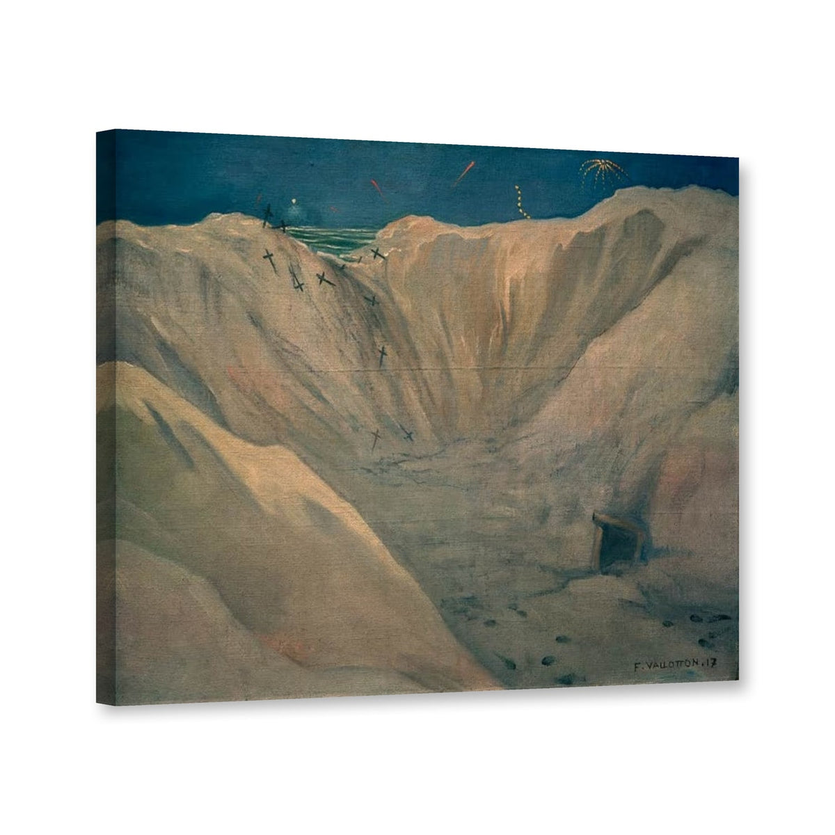 Krater bei Souain, nächtliche Trichterlandschaft mit Grabkreuzen von Félix Vallotton als Leinwand – Perspektivansicht