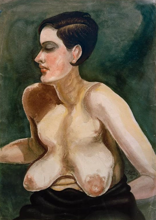 Halbakt einer Frau mit kurzem dunklem Haar im Profil vor grünem Grund – Kurt Günther Großer sitzender Halbakt Kunstkopie