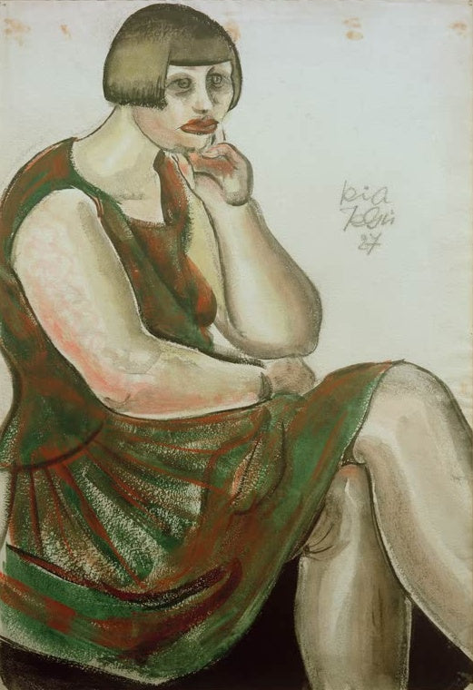 Sitzende Frau mit Bubikopf und grün-rotem Kleid – Kurt Günther Ria - die Robbenschildkröte Kunstkopie