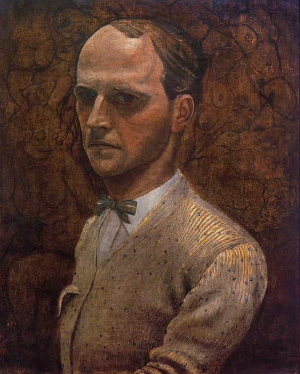 Maler mit Fliege und Pullover vor braunem Grund – Kurt Günther Selbstbildnis mit Fliege Kunstkopie