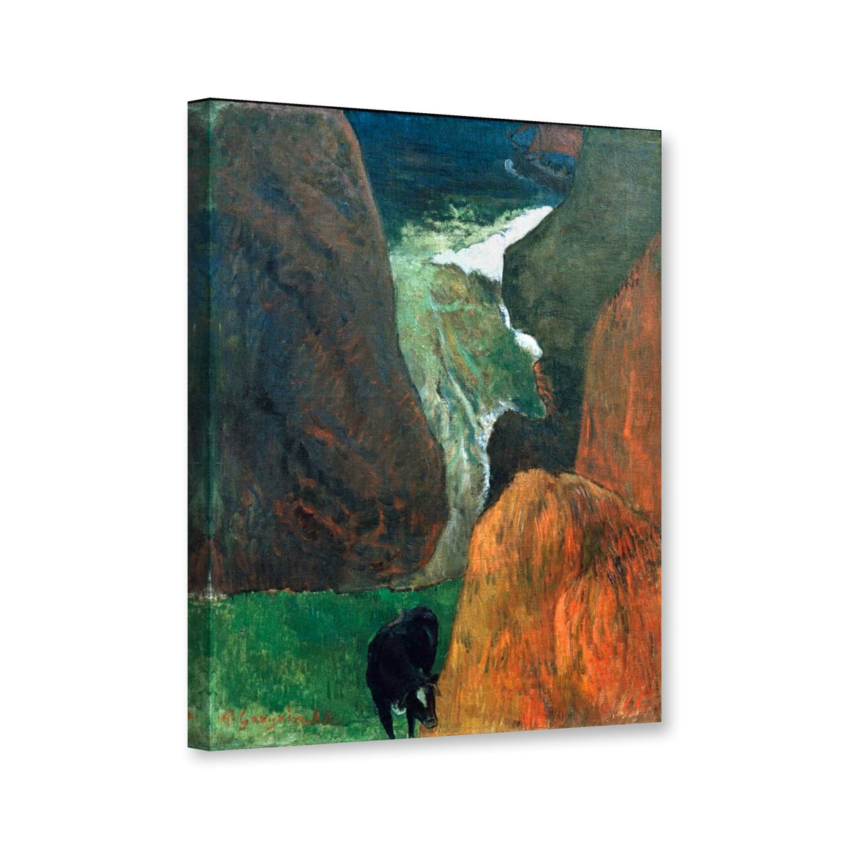 Landschaft mit Kuh zwischen Klippen von Paul Gauguin als Leinwand – Perspektivansicht