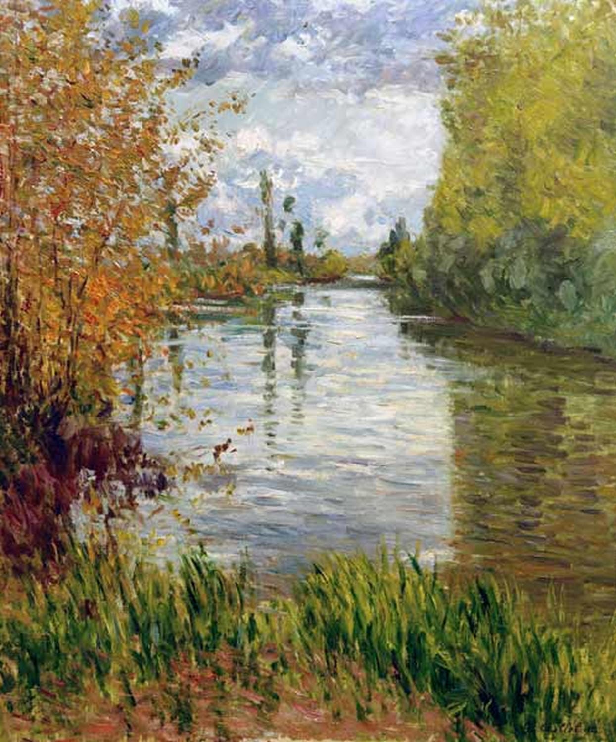 „Nebenarm der Seine“ von Gustave Caillebotte – ruhige impressionistische Flusslandschaft mit sanften Spiegelungen, grünen Uferbäumen und atmosphärischem Himmel.