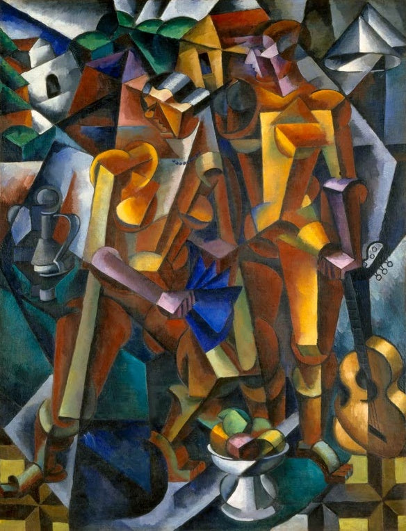 Ljubow Popowa Komposition mit Figuren Kunstkopie, zwei kubistische Figuren mit Gitarre, Krug und Fruchtschale