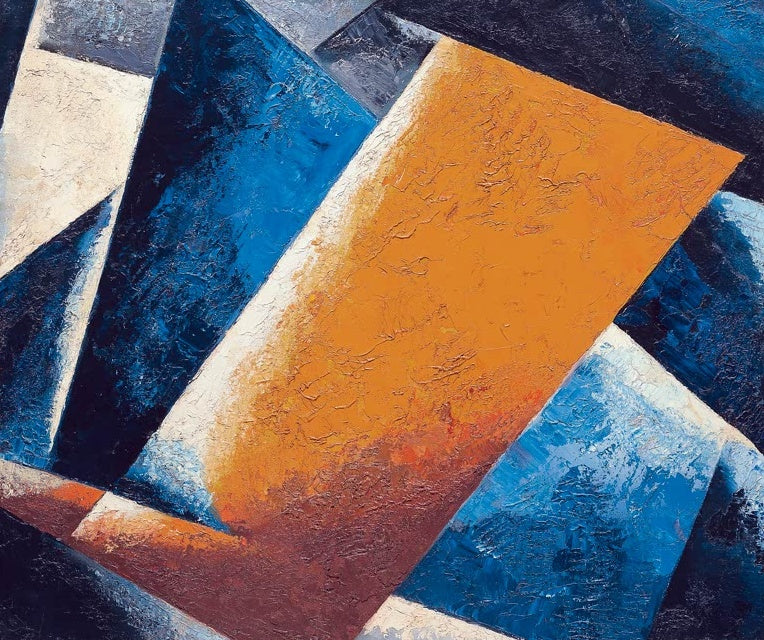 Ljubow Popowa Malerische Architektonik Kunstkopie, große orange Fläche zwischen blauen und weißen Keilen